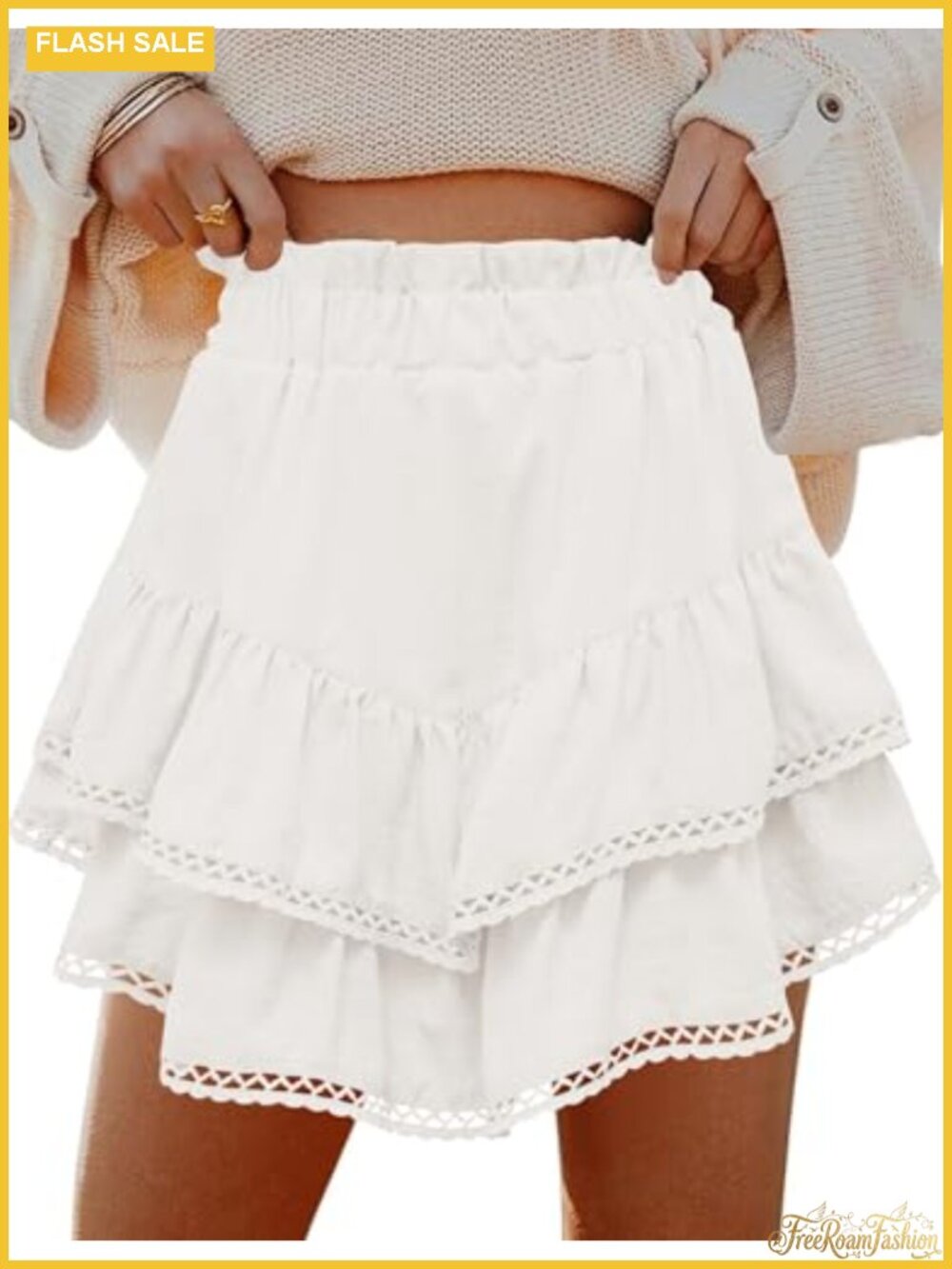 Flowy Tiered Ruffle Skort with Crochet Hem High Waist Mini Skirt